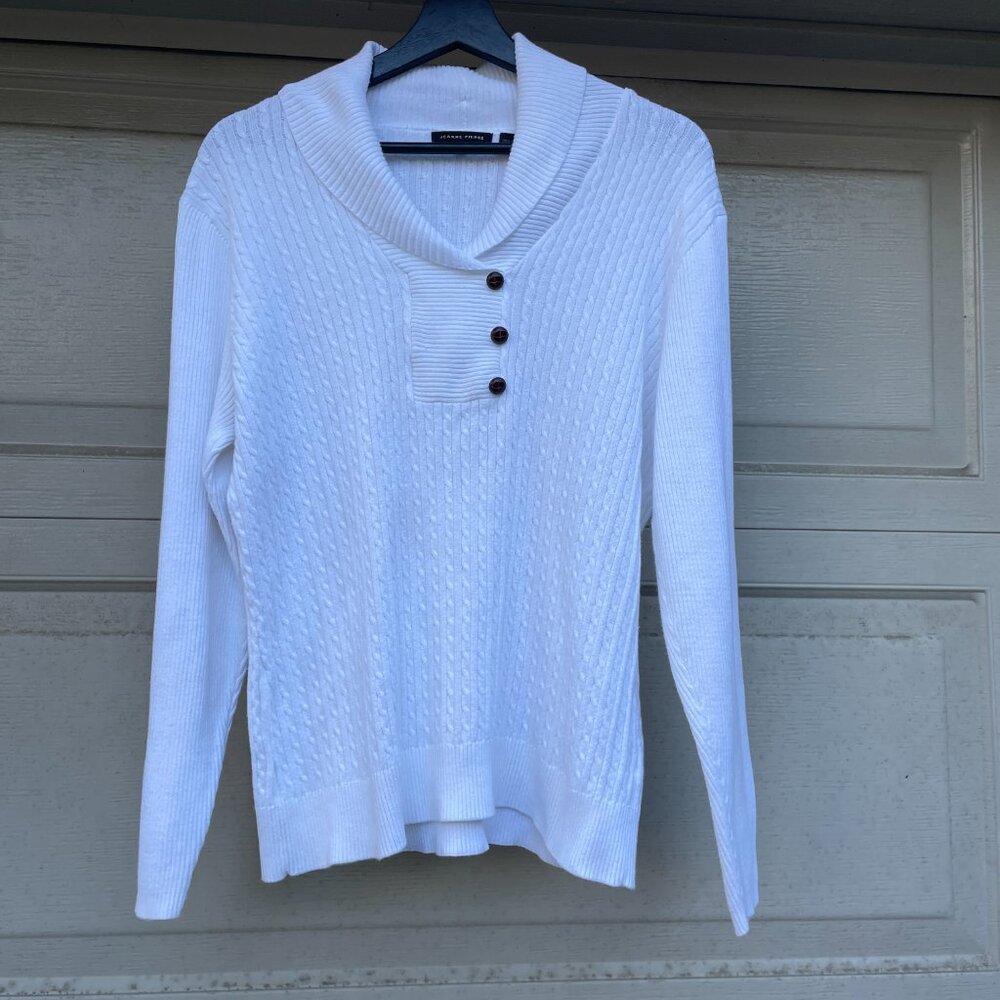 XL White 100% Cotton Cable Knit Sweater Button Mock Neck Tenniscore Old Money